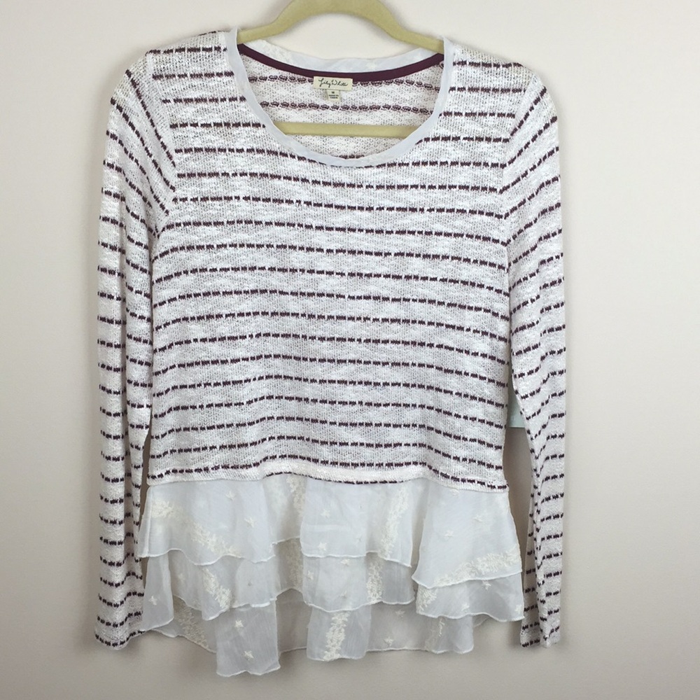 Lily White - Tiered Ruffle Striped Thin Sweater